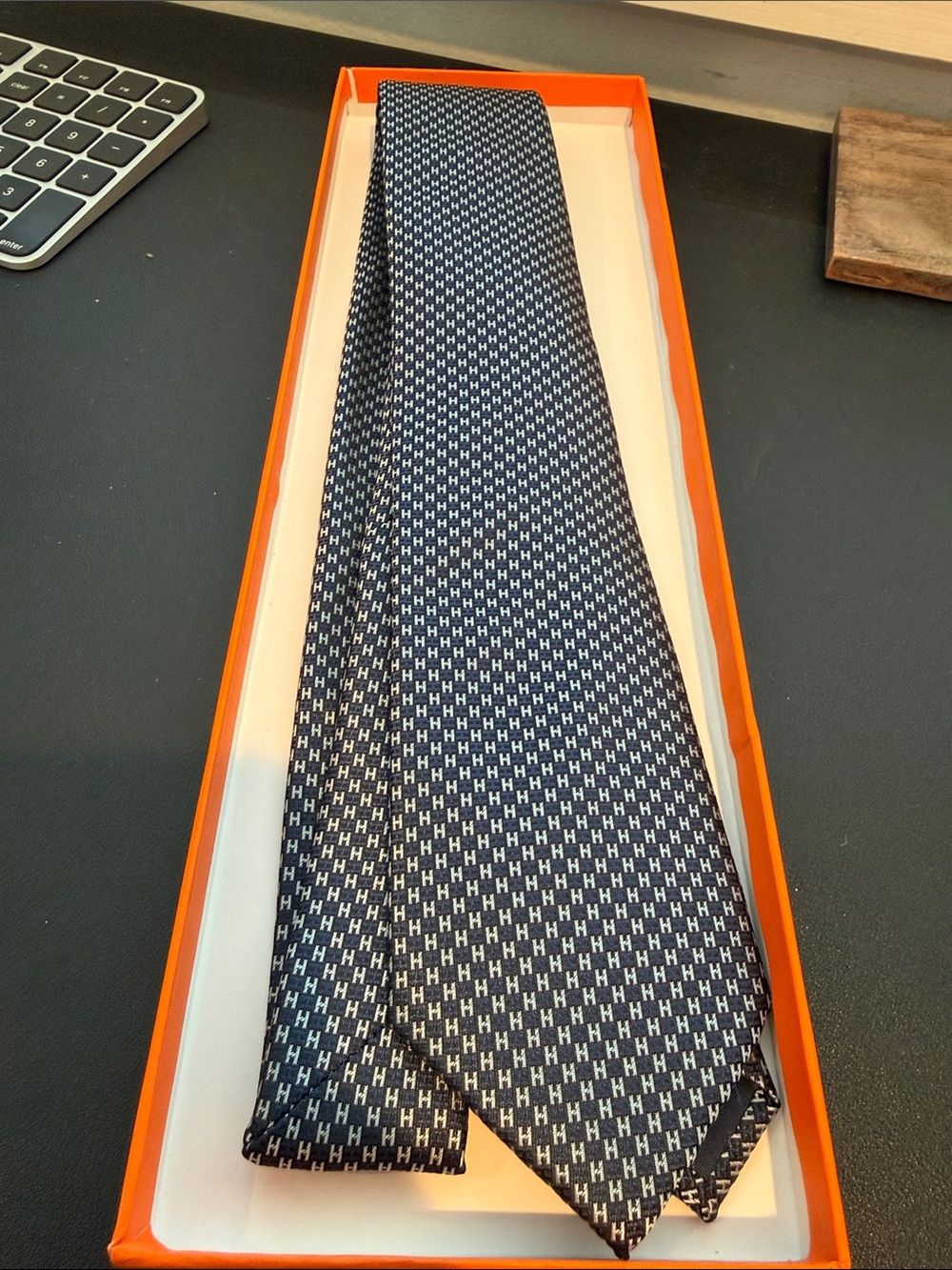 Hermes Navy and White Silk Tie with H Micro-Pattern